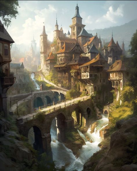 Fantasy World Ideas, Steampunk City, Fantasy Village, Fantasy Cities, Fantasy Locations, Fantasy Town, Dnd World, World Inspiration, Fantasy Architecture