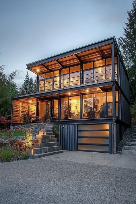 Shipping container house multi level. Discover clever and creative shipping container home designs that transform steel boxes into stylish, functional living spaces. Container House With Garage, Ship Container House, Two Story Container Home, 3 Container House Design, Large Container Homes, Large Shipping Container Homes, Shipment Container Homes, Container Homes Ideas Design, Modern Shipping Container Homes