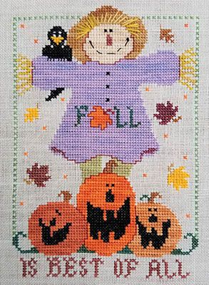 Cross stitch pattern from Vals Stuff featuring an autumn scarecrow with pumpkins!  Pattern is stitched on 32 ct "Linen" fabric from Weeks Dye Works using Weeks Dye Works threads. Stitch count is 69 x 103. Autumn Scarecrow, Carrot Curry, Pumpkin Cross Stitch Patterns, Pumpkin Cross Stitch, Fall Cross Stitch, Halloween Cross Stitch Patterns, Pattern Cross Stitch, Gingham Linen, Baked Apple