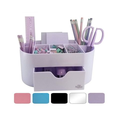 Kawaii Desk Accessories, Organize Office At Work, Dorm Desk Organization, Desk Accesories, Cute Desk Organization, Purple Office, Purple Desk, Cool Desk Accessories, Dorm Desk