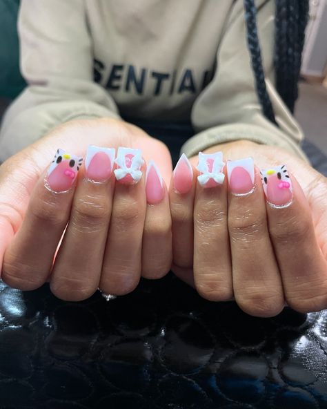 hello kitty @comevibewithnisaahoe #nails #columbusnails #hellokittylover #hellokittynails Hello Kitty Charm Nails Short, Charm Nails Short, Hello Kitty Charm Nails, Charm Nails, Hello Kitty Charm, Kitty Nails, Hello Kitty Nails, Cat Nails, Nails Short