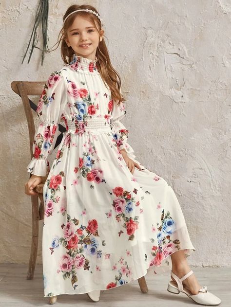 Girls Frilled Neck Shirred Waist Floral Print Chiffon Dress | SHEIN USA 10 Years Girl Dress, Floral Print Chiffon Dress, Girls Long Dresses, Kids Frocks Design, Print Chiffon Dress, Kids Dress Wear, Girls Frock Design, Girl Dress Patterns