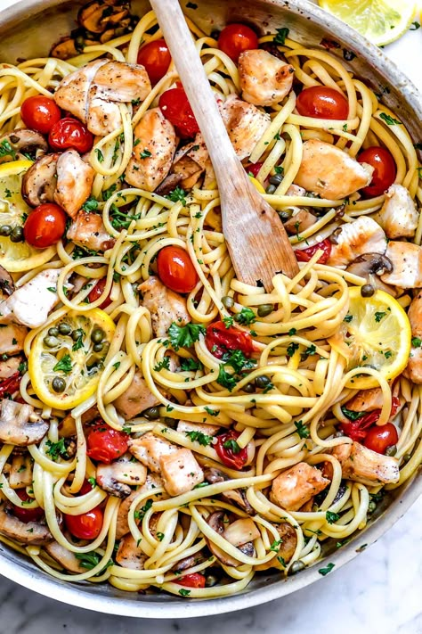 Chicken With Mushrooms And Tomatoes, Tomato Caper Pasta, Capers Pasta Recipe, Medley Tomatoes Recipes, Chicken And Tomato Pasta Recipes, Mushroom And Tomato Pasta, Light Tomato Pasta, Lemon Tomato Pasta, Chicken And Linguine Recipes