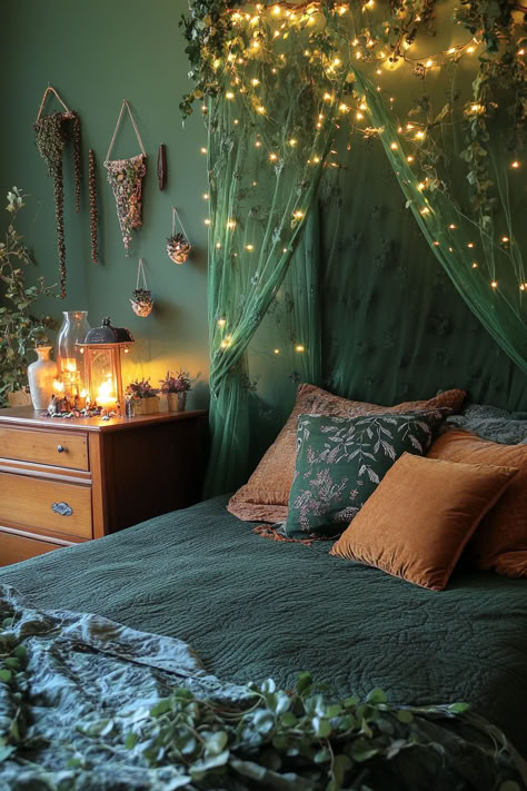 Transform your bedroom into a mystical haven with these 30+ witchy ideas. Blend magic and modern style with enchanting decor, from moon-themed accents to crystal displays. Create your own magical retreat! 🌟🔮 #WitchyBedroom #MagicalDecor #ModernWitch #HomeStyle Bedroom Jewel Tones, Purple And Green Bedroom, Green And Purple Bedroom, Witchy Bedroom Ideas, Emerald Green Bedrooms, Dark Green Bedroom, Dark Green Rooms, Dark Boho Bedroom, Witchy Ideas