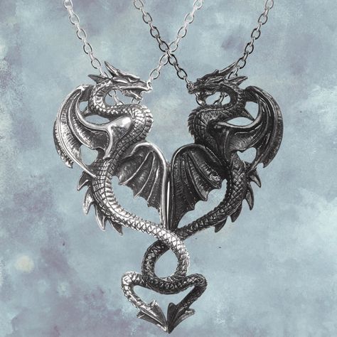 gothic home decor - gothic decor -  Dragon Tryst Pair of Necklaces - High Quality  from DARKOTHICA® Shop now at DARKOTHICA® Emo Jewelry, Stuck Together, Dragon Heart, Geometric Pendant Necklace, Paired Jewelry, Cosplay Jewelry, Dragon Jewelry, Magical Jewelry, Jewelry Accessories Ideas