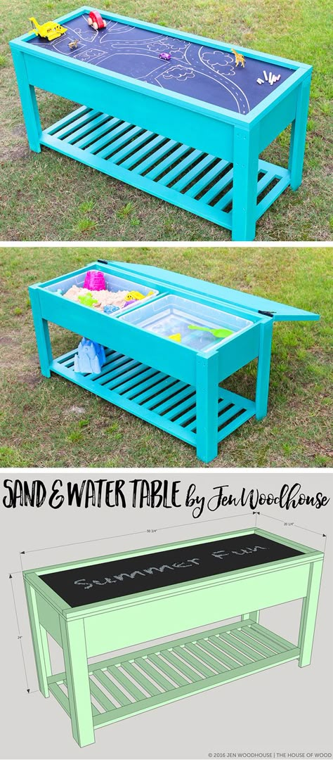 Learn how to build a fun DIY sand and water table for your kids! Free plans by Jen Woodhouse Diy Sand And Water Table, Jen Woodhouse, Water Tables, Sand And Water Table, Woodworking For Kids, Sand Table, Water Table, Backyard Play, Play Table