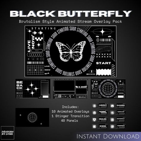 Black Cybercore, Ipad Essentials, Y2k Butterfly, Butterfly Logo, Free Overlays, Twitch Overlay, Twitch Channel, Stinger, Black Butterfly