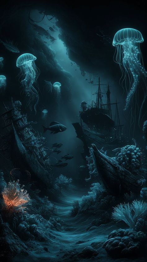 Immerse yourself in the haunting beauty of the deep sea with our dark-themed ocean wallpaper. This ethereal underwater scene is bathed in moody, deep blue hues, where the ocean depths merge into an almost-black, mysterious abyss. Marvel at the illuminated jellyfish with their trailing luminescent tentacles, ghostly shipwrecks encrusted with barnacles, and shadowy schools of fish darting through the scene. The ocean floor reveals its complex texture with scattered corals, seaweed, and hints of lost treasures. Soft, bioluminescent glows from diverse sea creatures and plants cast an eerie, magical light, contrasting magnificently against the pitch-dark surroundings. Experience a visual journey that evokes mystery, wonder, and the haunting allure of the deep sea. Horror Ocean, Dark Sea Creatures, Dark Underwater Art, Dark Underwater Fantasy Art, Deep Waters Aesthetic, Trapped Underwater, Underwater Bioluminescent, Creatures Of The Deep, Underwater Dark Aesthetic