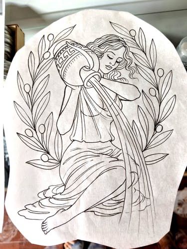 Water Back Tattoo Women, Aquarius Women Tattoo, Water Woman Tattoo, Aquarius Sketch, Harvest Tattoo, Aquarius Goddess Tattoo, Water Bearer Tattoo, Black Cat Tattoo, Mujeres Tattoo