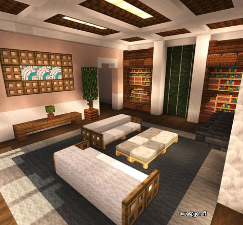 Minecraft Cabin Living Room, Minecraft Garage Ideas Interior, Minecraft Sitting Room, Minecraft Big Room Ideas, Minecraft Furniture Ideas Living Rooms, Minecraft Apartment Interior, Modern Bedroom Minecraft, Minecraft Lounge Room, Minecraft Sofa Ideas