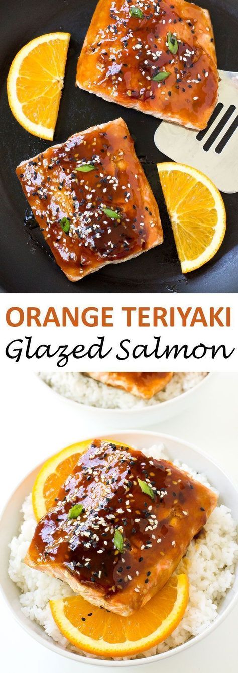 20 Minute Orange Teriyaki Salmon. Salmon filets pan fried and topped with an orange teriyaki glaze. A quick and easy weeknight meal! | chefsavvy.com #recipe #orange #teriyaki #salmon Teriyaki Glazed Salmon, Orange Glazed Salmon, Dinner Ideas For Family, Baked Teriyaki Salmon, Salmon Teriyaki Recipe, Salmon Filets, Salmon Glaze Recipes, Teriyaki Glaze, Teriyaki Salmon