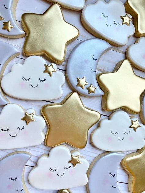 Stars And Moon Cookies Twinkle Twinkle, Star Themed Gender Reveal Party, Moons And Stars Baby Shower Cookies, Star And Moon Cookies Decorated, Cloud Cupcake Cake, Decorative Desserts Ideas, Twinkle Sprinkle Little Star, Over The Moon Shower Ideas, Clouds Gender Reveal Party