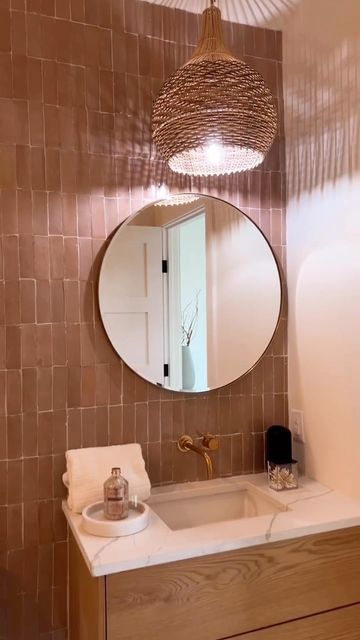 Riad Tile on Instagram: "The start to the weekend just got a million times better seeing this final reveal from the amazing @corinhavensinteriors 💕 Our Blush 2x6 Zellige is an absolute floor to ceiling showstopper in this new build bathroom. 🎞️: @corinhavensinteriors #riadtile #riadtilezellige #zelligeblush26riadtile #blushzellige #pinktile #pinkinterior #statementwall #zelligetiles #midcenturymodern #midcenturyhome #chsdesign #charlestoninteriors #tickledpink" New Build Bathroom, Riad Tile, Pink Tiles, Floor To Ceiling, Statement Wall, Pink Interior, New Build, Tickled Pink, Mid Century House