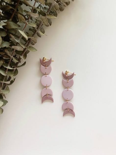 Moon Phases Earrings, Moon Phase Earrings, Polymer Clay Moon Earrings, Moon Earrings Clay, Easy Clay Earrings, Easy Polymer Clay Earrings, Moon Clay Earrings, Moon Polymer Clay Earrings, Pink Polymer Clay Earrings