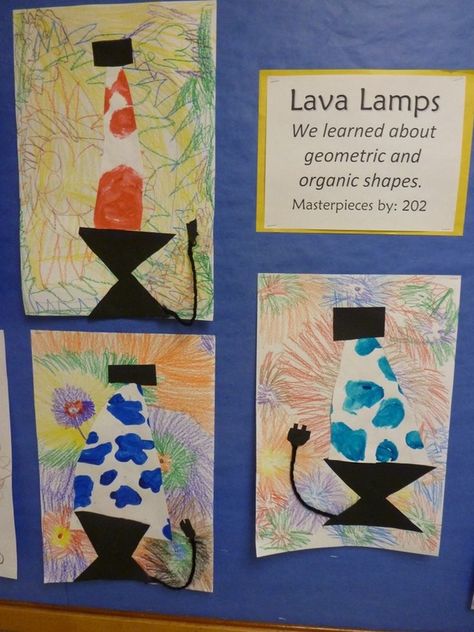 Lava lamps using geometric and organic shapes. Elements Of Art Form Projects, Lava Lamp Art Lesson, Lava Lamp Art Project, Lava Lamp Art, Organic Shapes Art, Shamrock Art, Shapes Lessons, Elementary Art Classroom, First Grade Art