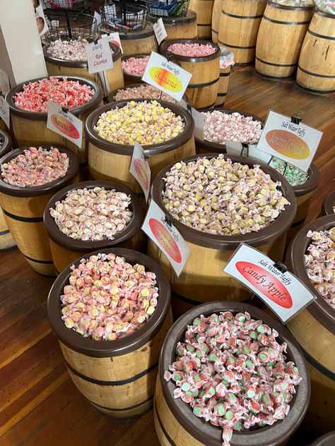 Salt water taffy, candy, sweets, barrels, Old Town Taffy Aesthetic, Saltwater Taffy Aesthetic, Old Candy Shop, Diy Salt Water Taffy, Old Fashion Candy Shop, Christmas Gremlins, Old Fashion Candy Store, American Dessert, Red Licorice