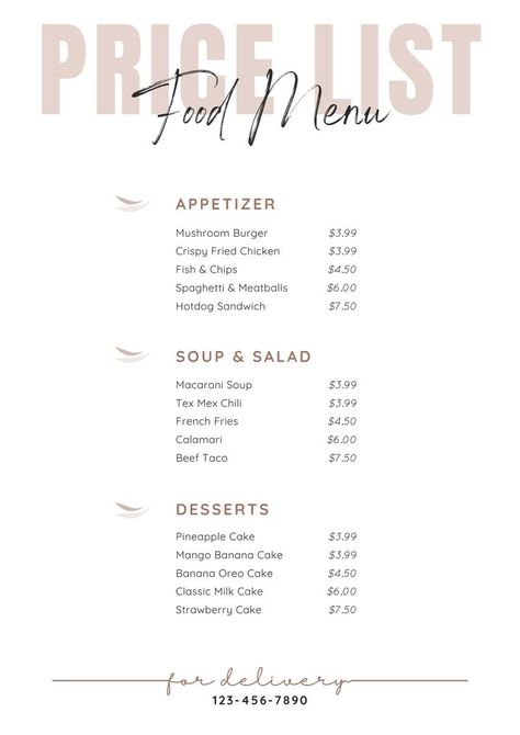 Food menu price list canva template. Tex Mex Chili, Hotdog Sandwich, Macaroni Soup, Price List Design, Mushroom Burger, A4 Document, Snack Shop, Price List Template, Milk Cake