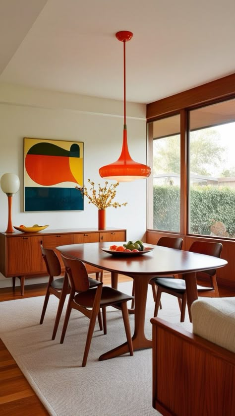 Inspired by the 1950s and ’60s, this dining room captures the essence of mid-century modern design. With an iconic wooden table, curved chairs, and a minimalist aesthetic, it evokes timeless style. The soft color palette, along with gold-accented lighting, adds an upscale touch to this enduringly stylish space. Mid Century Modern Living Dining Room, Mid Century Mod Kitchen Table, Midcentury Kitchen Table, 60s Dining Table, Kitchen Table Mid Century Modern, Mid Century Table And Chairs, Upscale Interior Design, 70s Kitchen Table, Bright Dining Room Colors