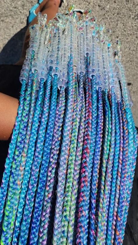 Custom Braid Color, Hair Braiding Rack, Blended Braiding Hair, Half And Half Hair Color Braids, Blue And Purple Box Braids, Rainbow Braids For Black Women, Long Braids With Color, Braids With Rainbow Beads, Small Box Braids Parting Guide