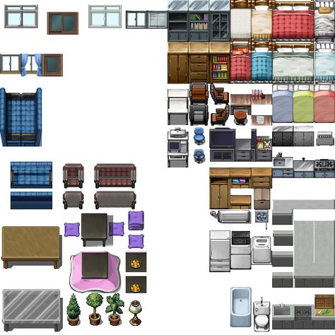 I definitely didn't look for the definition of furniture for this one. For use in my webcomic @ www.neorice.com Rpg Maker Mv Tilesets Modern, Rpg Maker Vx, Kare Kare, Pixel Art Landscape, Maker Game, Pixel Art Background, Pixel Art Tutorial, Video Game Design, Rpg Map