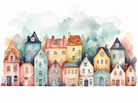 Premium AI Image | Watercolor houses in a row. watercolor houses in a row. Watercolor Row Houses, Row Of Houses Illustration, Watercolor Houses Simple, Whimsical Houses Art, Watercolour Houses, Houses In A Row, Houses Drawing, Houses Watercolor, Houses Painting