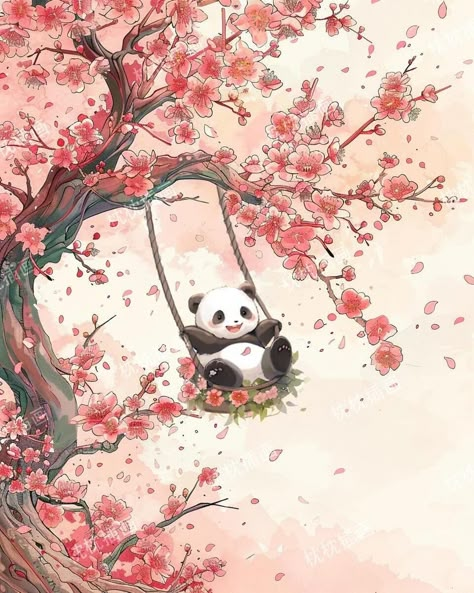 Panda Illustration Cute, Panda Cherry Blossom, Panda And Rabbit, Chinese Pop Art, Wallpapers Korean, Wallpaper Panda, Sakura Painting, Cartoon Pets, Panda Illustration