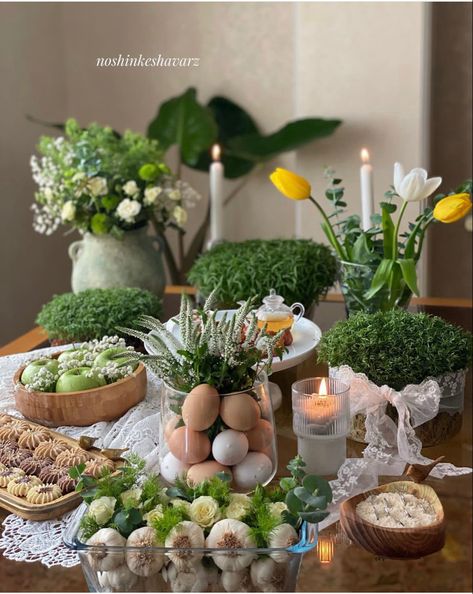 Modern Haftseen, 7 Sin Norooz Ideas, Haft Seen Ideas, Haftseen Ideas Modern, Haftsin Design Modern, 7sin Norooz Design, Nowrooz Decor, Haft Seen Modern, Easter Craft For Preschool