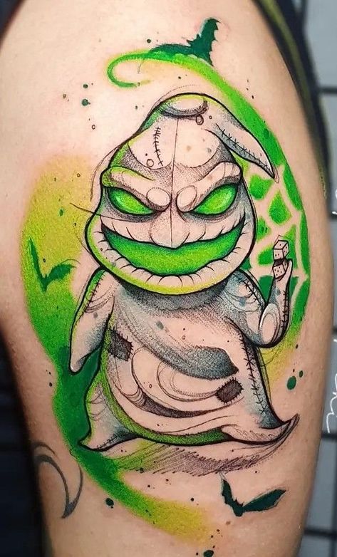 Pumpkin Jack Tattoo, Nightmare Before Christmas Watercolor Tattoo, Halloween Based Tattoos, Nightmare Before Christmas Tattoo Color, Oggie Boogie Tattoo Design, Cute Oogie Boogie Tattoo, Oogy Boogie Tattoo, Dark Disney Tattoos Tim Burton, Oogy Boogy Tattoo