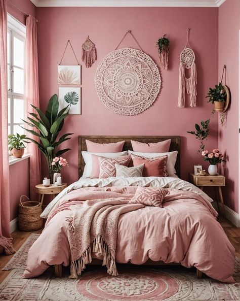 20 Pretty Pink Boho Style Bedroom Ideas You Have To See – ToolzView Pink Scandinavian Bedroom, Pink Walls Bedroom Ideas, Pink Adult Bedroom, Soft Pink Bedroom Ideas, Pink Cozy Bedroom, Pink Teen Room, Pink Bedroom Inspirations, Boho Style Bedroom Ideas, Desert Bedroom