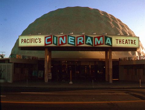 Cinerama Dome opening in 1964-Pacific Theatres's Cinerama Dome is a movie theater located at 6360 Sunset Boulevard in Hollywood, California. Designed to present widescreen Cinerama films, it opened November 7, 1963 Pacific Domes, 70s Lifestyle, Cinerama Dome, Ca History, Toluca Lake, Old Movie, Cinema Art, Sunset Boulevard, I Love La