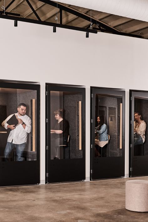 This photo shows team members taking video calls from inside personal sound proof phone booths inside of our office! Soundproof Booth, Office Booth, Phone Booth Office, Tiny Office, Collaborative Workspace, Office Meeting Room, Office Pods, Office Layout, Shop Fittings