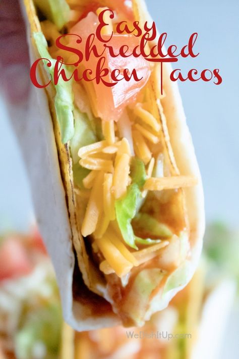 These Easy Shredded Chicken Double Decker Tacos are perfect when you cant decide if you want a hard or soft taco. Easy to make when you use rotisserie chicken and canned refried beans. A quick throw together dinner for Taco Tuesday or any night. Canned Chicken Tacos, Double Decker Tacos, Throw Together Dinner, Taco Easy, Canned Refried Beans, Use Rotisserie Chicken, Rotisserie Chicken Tacos, Chicken Soft Tacos, Soft Tortillas