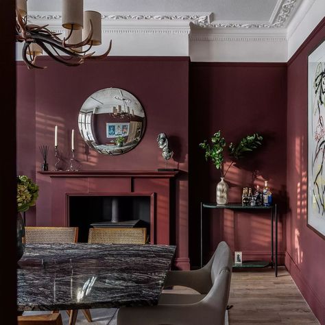 Burgundy Walls Living Room Ideas, Modern Tudor Interiors Living Room, Burgundy Fireplace, Deep Red Living Room Walls, Maroon Home Decor, Burgandy Wall Paint, Maroon Hallway, Maroon Dining Room, Oxblood Interior Design