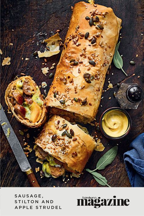 Latest Food Trends, Magazine Recipe, Stilton Cheese, Strudel Recipes, Savoury Pies, Sausage Dishes, Christmas Meals, Sausage Recipe, Cooking Advice