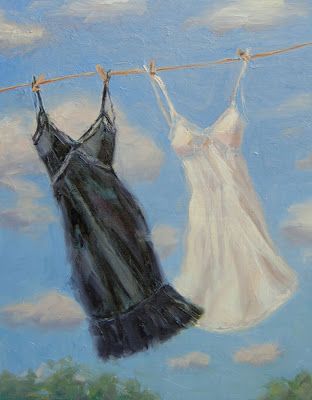 slips; "Line Dancing" - Original Fine Art for Sale - © by Julie Kirkland Clothesline Painting, Clothes On A Clothesline, Laundry Painting, Clothesline Art, Realism Paintings, Clothes Lines, Laundry Art, Contemporary Realism, Nostalgia Art