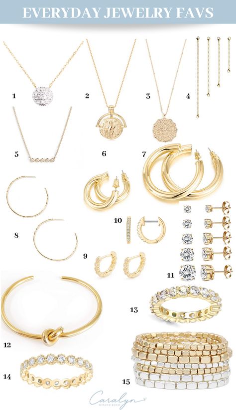 Jewelry makes me feel like my outfit is complete — even in sweatpants. So today I’m excited to share a few of my favorite (and mostly under $25) jewels I like to wear. I’m pretty hard on stuff that I wear and all of these items are quite sturdy. FYI: Items above are not to scale. Classic Jewelry Essentials Gold, Staple Jewelry Pieces, Classic Accessories Jewelry, Timeless Tarnish-resistant Gold Jewelry, Quiet Luxury Jewelry, Must Have Jewelry Pieces, Basic Gold Jewelry, Chic Everyday Luxury Gold-plated Jewelry, Luxury Everyday Jewelry With Gold-tone Hardware