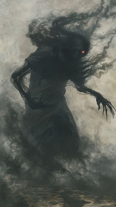 A shadowed figure shrouded in swirling black mist, eyes glowing an eerie red, performs a ritualistic dance. A ghostly apparition rises from the ground, its form flickering and distorted, reaching out with skeletal fingers. The air crackles with arcane energy, casting long, ominous shadows on the desolate landscape. Desolate Landscape Fantasy Art, Shadow Monster Concept Art, Fantasy Shadow Creature, Shadow Fiend Art, Shadow Humanoid, Shadow Figure Art, Black Figures Shadows, Shadow Creature Art, Ghost Concept Art