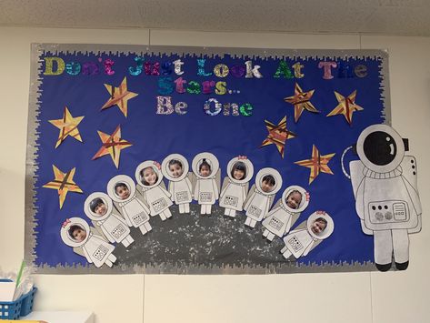 Astronaut Classroom Door, Moon Classroom Decor, Bulletin Board Space Theme, Space Themed Classroom Bulletin Boards, Moon Bulletin Board Ideas, Space Bulletin Board Ideas Preschool, Outer Space Bulletin Board Ideas, Galaxy Classroom Theme, Space Bulletin Board Ideas