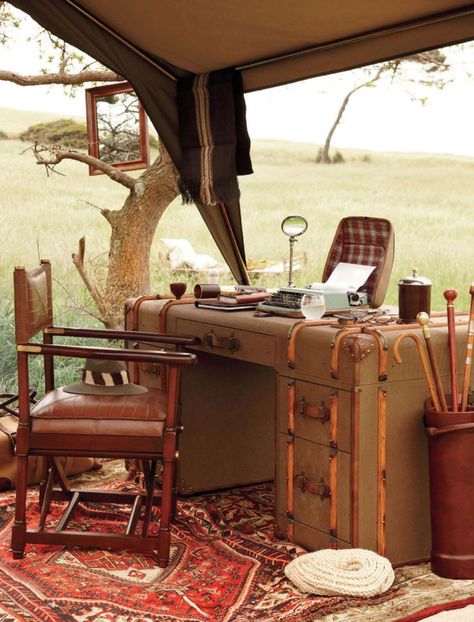 South of the Sahara British Colonial Decor, Design Strategies, Vintage Safari, Safari Chic, Campaign Furniture, British Colonial Style, Safari Tent, Canvas Tent, Outdoor Office