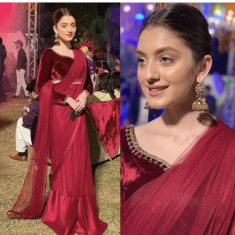 Neha Rajpoot Saree, Maroon Velvet Blouse Designs, Sarees With Velvet Blouse, Maroon Saree, Designer Sarees Wedding, Fest Outfits, Fancy Sarees Party Wear, Pakistani Fashion Party Wear, Saree Designs Party Wear