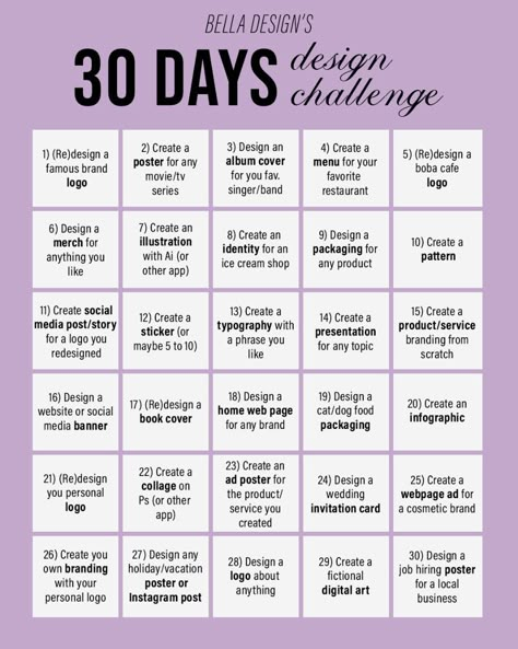 30 days Design Challenge in 2024 | Graphic design activities, Graphic design lessons, Learning graphic design 30 Days Creativity Challenge, Graphic Designer Projects Ideas, Logo Design Challenge 30 Day, Graphic Design Assignments Ideas, Canva Design Challenge, Graphic Design 30 Day Challenge, 30 Days Design Challenge, How To Be Graphic Designer, 30 Day Graphic Design Challenge