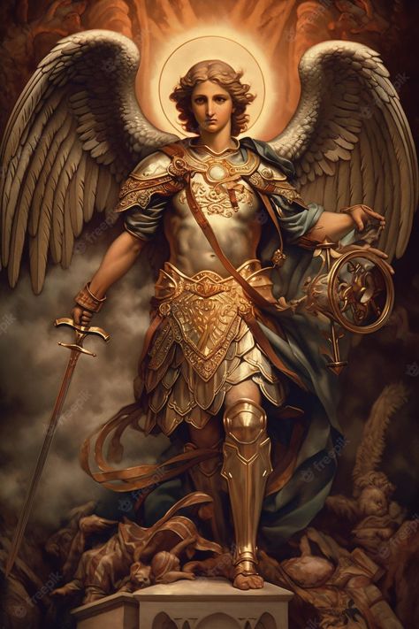 San miguel arcángel ilustración arcángel san miguel ai generativo símbolo de protección y defensa | Foto Premium St Gabriel Archangel, Saint Michael Angel, St Gabriel, Dungeons And Dragons Decor, Michael Archangel, Dungeons And Dragons Figures, Angel Posters, Dungeon Master Screen, Michael The Archangel