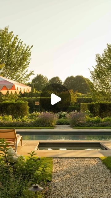 Hollander Design on Instagram: "For a pair of English expats sending their summers on Long Island, heaven is a pool garden that offers gentle shade, casual birdwatching, and touches of old-world garden experiences.   Positioned for full views from a graciously glazed porch, the pool area is anchored on one end by a shaded dining terrace and at the other by a charming shingle-style pool house. Along each long side of the pool are abundantly flowering pathways – one an allee of flowering pears and the other a gravel walk lined in reclaimed brick that leads directly to the porch entrance. These walkways connect living spaces and create long dreamy views along each side of the garden room. Reclaimed Ohio sandstone for the pool deck is cool to the touch on warm days.   Garden plantings are soft Gravel Dining Area, Glazed Porch, Hollander Design, Porch Entrance, The Garden Room, Pool Cabana, Reclaimed Brick, Pool Garden, Entrance Porch