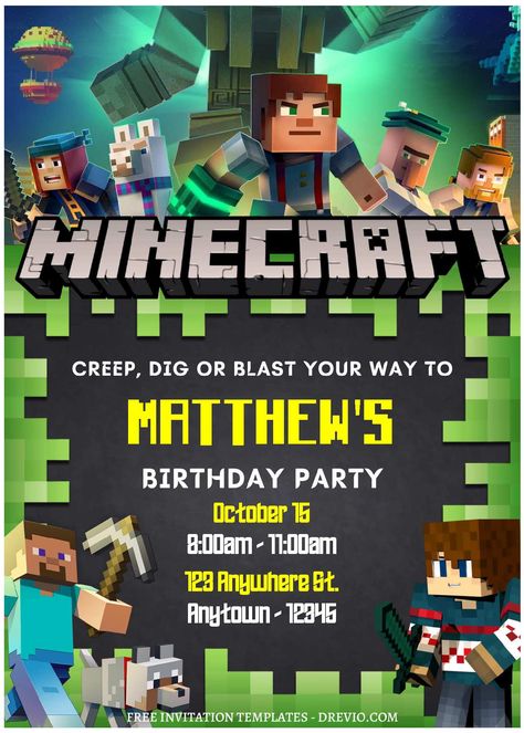 Minecraft Party Invitations, Minecraft Birthday Card, Minecraft Invitations, Minecraft Birthday Invitations, Minecraft Theme, Invitation Layout, Bday Invitations, Free Printable Birthday Invitations, Minecraft Birthday Party