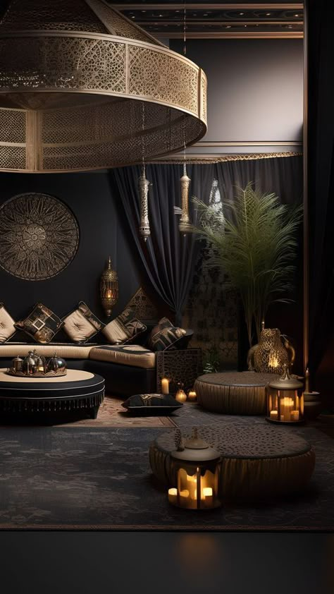 Cozy Dark Living Room, Living Room Ideas Dark, Modern Moroccan Interior Design, Modern Majlis, Modern Arabic Interior, Dark Living Room Ideas, Arabic Living Room, Arabic Interior Design, Dark Living Room