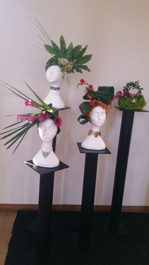 Mannequin Planter, Artistic Crafts, Platter Display, Carousel Birthday, Floral Fascinators, Unique Floral Arrangements, Storefront Design, Crazy Hats, Wedding Picture Poses