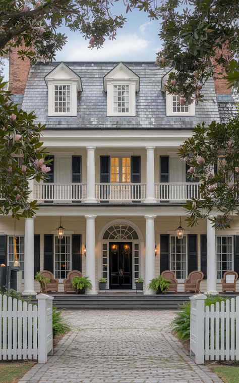 Cozy American Colonial Style Homes You Have to See The Great American House, Front Porch Colonial Style House, Colonial House With Portico, British Colonial Style House Exterior, Old 1800 Homes, Colonial House Style, Traditional Southern House Plans, Early Colonial Homes, Colonial Modern House Exterior