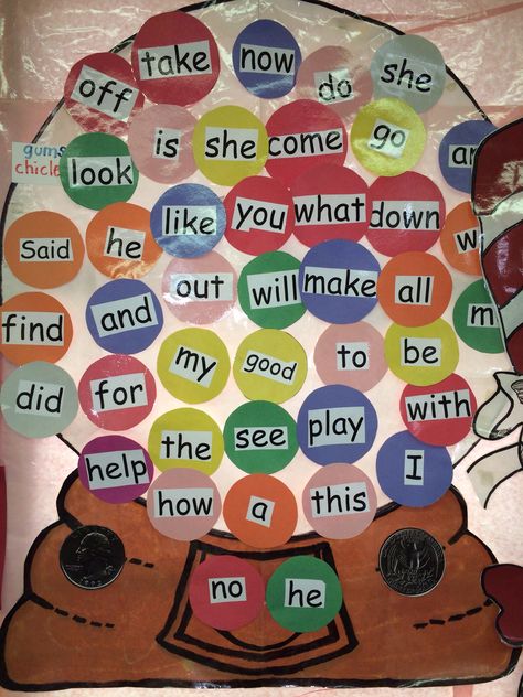 This is where I display the kinder sight words for the year.  Every week we "spend"our "quarters" and get the sight word(s) gum of the week.  My students love to take turns to get the new "bubble gum". Sight Word Wall Ideas, Sight Words Chart Ideas, Phonics Rhymes, Word Wall Kindergarten, Sight Word Wall, Phonics Display, Word Wall Displays, Ingles Kids, Cvcc Words