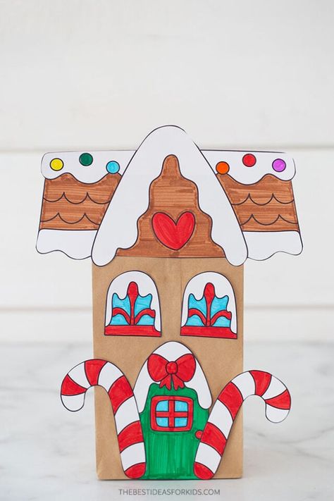 Paper Bag Gingerbread House Template, Gingerbread House Paper Bags, Christmas Paper Bag Crafts, Paper Bag Gingerbread House Craft, Paperbag Gingerbread House, Gingerbread Paper Bag, Gingerbread House Paper Bag, Paper Bag Gingerbread House, Gingerbread House Craft