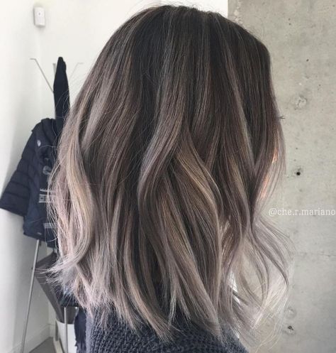 #15: Grey Silver Balayage Grey Ash Brown Hair, Grey Balayage, Balayage Lob, Gray Balayage, Ash Brown Hair Color, Ash Brown Hair, Crop Hair, Shoulder Length Hair Cuts, Trendy Hair Color